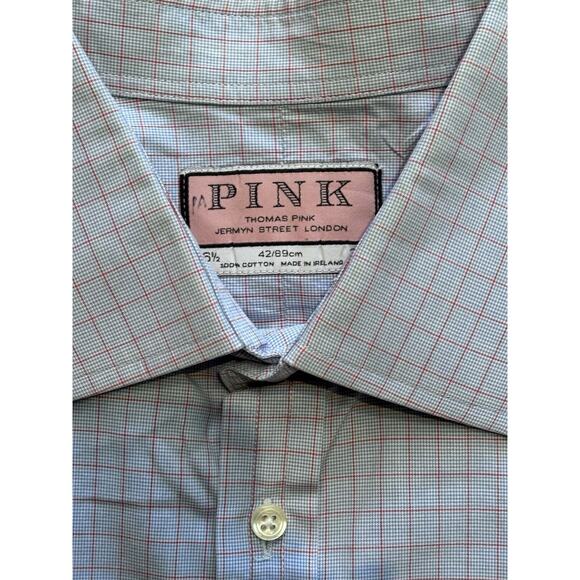 Thomas Pink Blue Check French Cuff 16.5 35 Made In England Point Collar 42/89cm - Picture 7 of 8